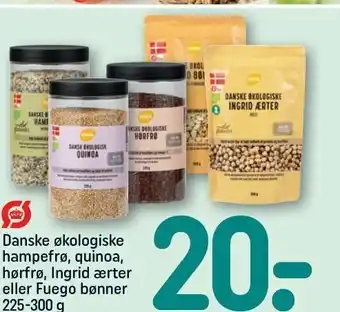 Danske økologiske hampefrø, quinoa, hørfrø, ingrid ærter eller fuego bønner