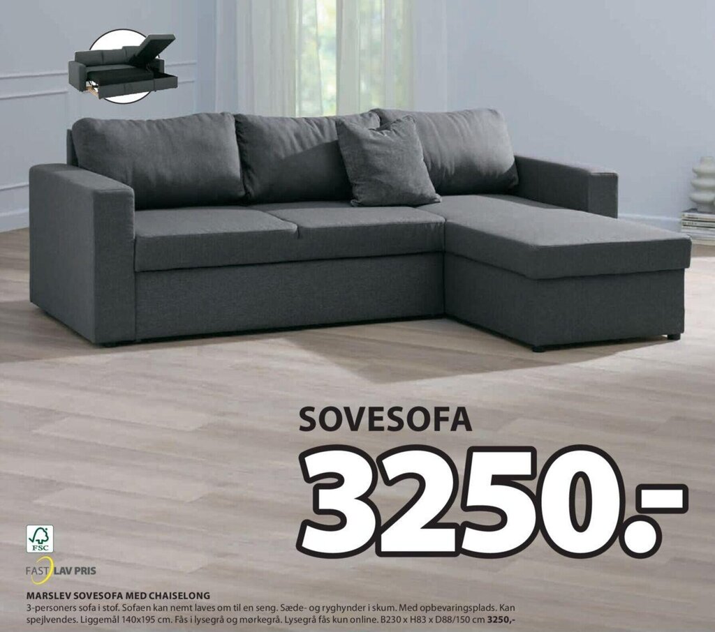 MARSLEV SOVESOFA MED CHAISELONG tilbud hos JYSK