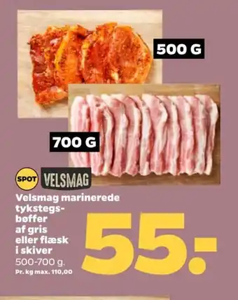 Netto Velsmag marinerede tykstegs-bøffer af gris eller flæsk i skiver tilbud