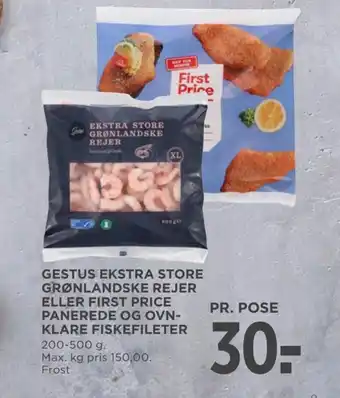 MENY GESTUS EKSTRA STORE GRØNLANDSKE REJER ELLER FIRST PRICE PANEREDE OG OVN-KLARE FISKEFILETER tilbud