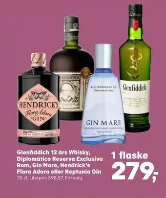 Kvickly Glenfiddich 12 års whisky, diplomático reserva exclusiva rom, gin mare, hendrick's flora adora eller neptunia gin tilbud