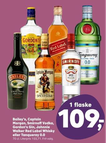 SuperBrugsen Bailey's, captain morgan, smirnoff vodka, gordon's gin, johnnie walker red label whisky eller tanqueray 0,0 tilbud