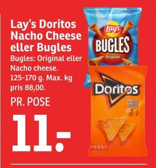 Lay's Doritos Nacho Cheese eller Bugles Bugles tilbud hos SPAR
