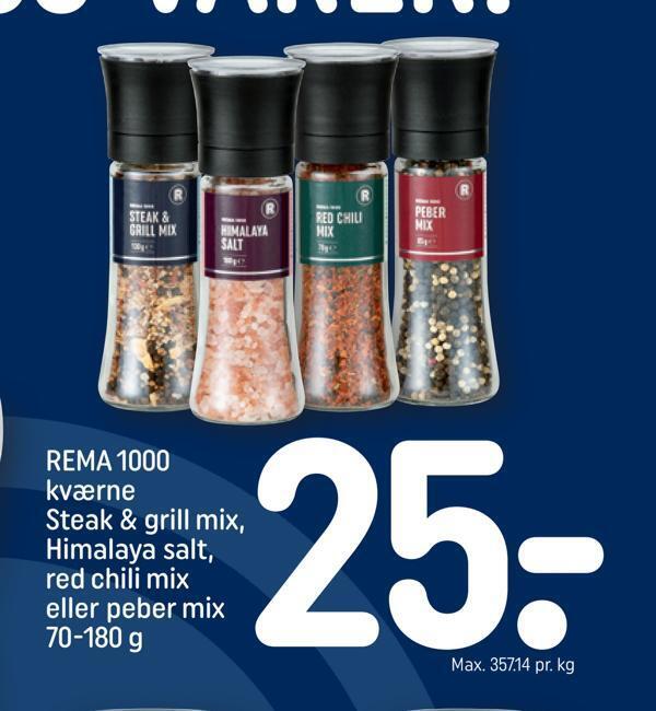 Rema 1000 kværne steak & grill mix, himalaya salt, red chili mix eller