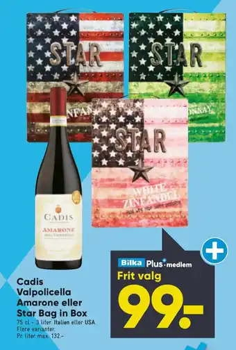 Bilka Cadis Valpolicella Amarone eller Star Bag in Box 75cl tilbud