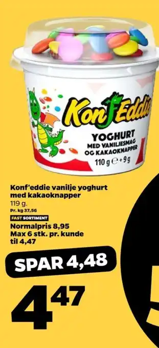 Netto Konfeddie yoghurt med vaniljesmag og kakaoknapper tilbud