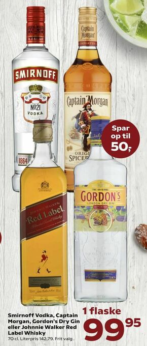 Kvickly Smirnoff Vodka, Captain Morgan, Gordon's Dry Gin eller Johnnie Walker Red Label Whisky tilbud
