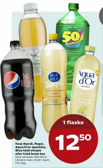 Kvickly Faxe Kondi, Pepsi, Aqua D'or sparkles, Blue keld simple eller Cold brew tea tilbud