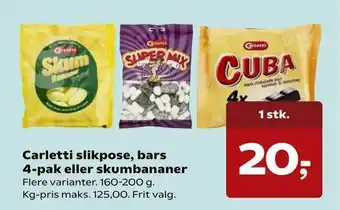 Kvickly Carletti slikpose, bars 4-pak eller skumbananer tilbud