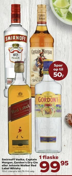 SuperBrugsen Smirnoff Vodka, Captain Morgan, Gordon's Dry Gin eller Johnnie Walker Red Label Whisky tilbud