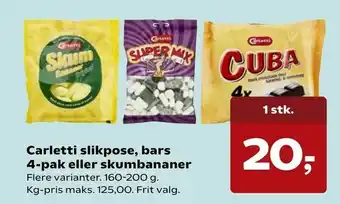 SuperBrugsen Carletti slikpose, bars 4-pak eller skumbananer tilbud