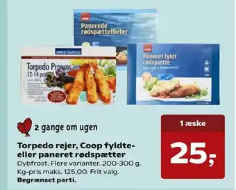 SuperBrugsen Torpedo rejer, Coop fyldte eller paneret rødspætter tilbud