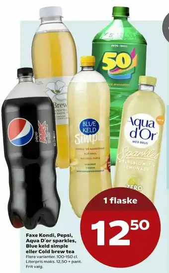 SuperBrugsen Faxe Kondi, Pepsi, Aqua D'or sparkles, Blue keld simple eller Cold brew tea tilbud