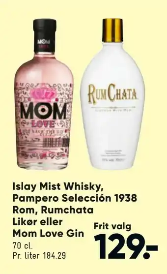 Islay Mist Whisky, Pampero Selección 1938 Rom, Rumchata Likør eller Mom Love Gin