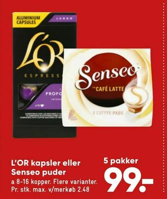 Bilka L'OR kapsler eller Senseo puder tilbud