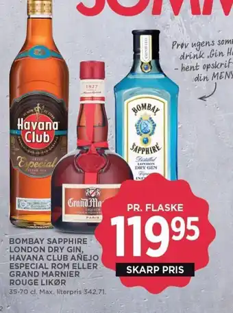 MENY BOMBAY SAPPHIRE LONDON DRY GIN, HAVANA CLUB AÑEJO ESPECIAL ROM ELLER GRAND MARNIER ROUGE LIKØR tilbud