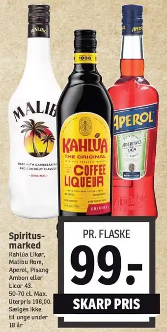 Spiritus-marked Kahlúa Likør, Malibu Rom, Aperol, Pisang Ambon eller Licor 43.