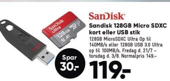Bilka Sandisk 128GB Micro SDXC kort eller USB stik tilbud