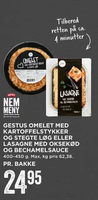 MENY Gestus omelet med kartoffelstykker og stegte løg eller lasagne med oksekød og bechamelsauce tilbud