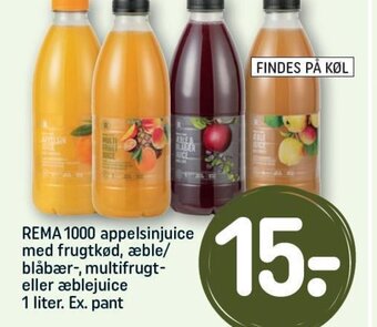 REMA 1000 appelsinjuice med frugtkød, æble/ blåbær-, multifrugt-eller æblejuice 1 liter. Ex. pant