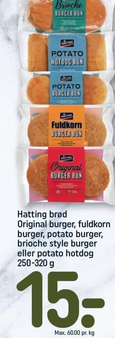 REMA 1000 Hatting brød Original burger, fuldkorn burger, potato burger, brioche style burger eller potato hotdog 250-320 g tilbud