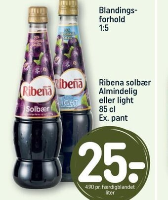REMA 1000 Ribena solbær Almindelig eller light 85 cl Ex. pant tilbud