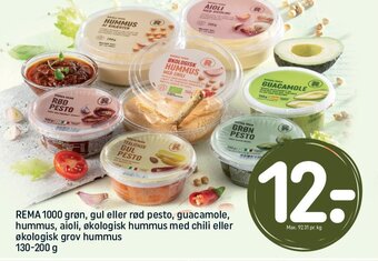 REMA 1000 REMA 1000 grøn, gul eller rød pesto, guacamole, hummus, aioli, økologisk hummus med chili eller økologisk grov hummus tilbud