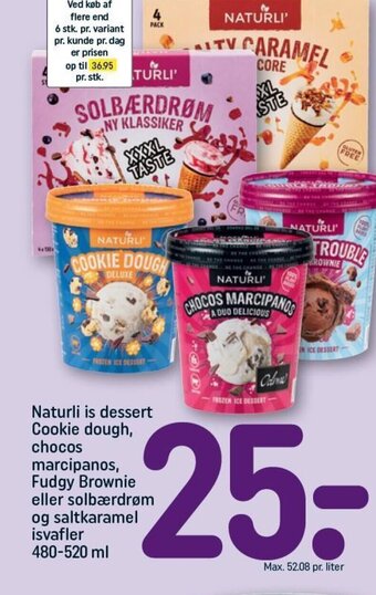 REMA 1000 Naturli is dessert Cookie dough, chocos marcipanos, Fudgy Brownie eller solbærdrøm og saltkaramel isvafler 480-520 ml tilbud