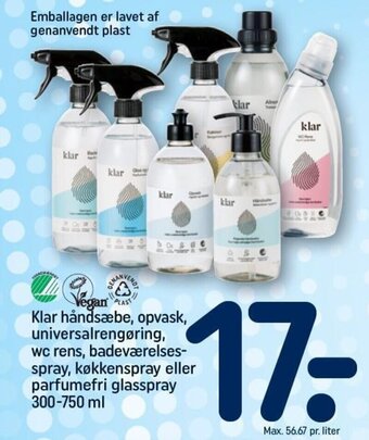 REMA 1000 Klar håndsæbe, opvask, universalrengøring, wc rens, badeværelses-spray, køkkenspray eller parfumefri glasspray 300-750 ml tilbud