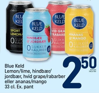 REMA 1000 Blue Keld Lemon/lime, hindbær/ jordbær, hvid grape/rabarber eller ananas/mango 33 cl. Ex. pant tilbud