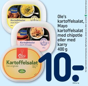 REMA 1000 Ole's kartoffelsalat, Mayo kartoffelsalat med chipotle eller med karry 400 g tilbud