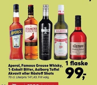 Kvickly Aperol, famous grouse whisky, 1-enkelt bitter, aalborg taffel akvavit eller råstoff shots tilbud
