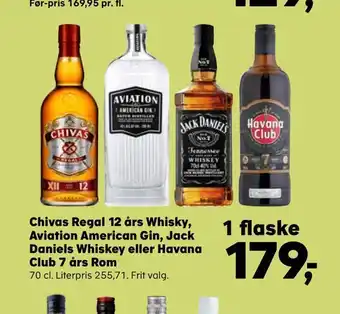Kvickly Chivas regal 12 års whisky, aviation american gin, jack daniels whiskey eller havana club 7 års rom tilbud