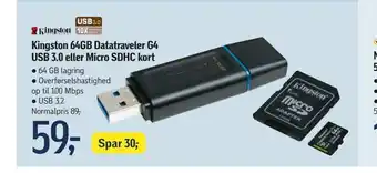 Føtex Kingston 64gb datatraveler g4 usb 3,0 eller micro sdhc kort tilbud