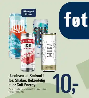 Føtex Jacobsen øl, smirnoff ice, shaker, rekordelig eller cult energy tilbud