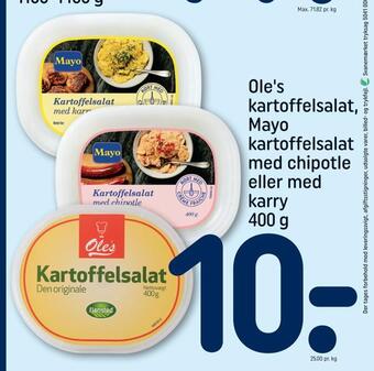 REMA 1000 Ole's kartoffelsalat, mayo kartoffelsalat med chipotle eller med karry tilbud