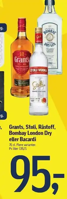 Føtex Grants, stoli, råstoff, bombay london dry eller bacardi 70 cl tilbud