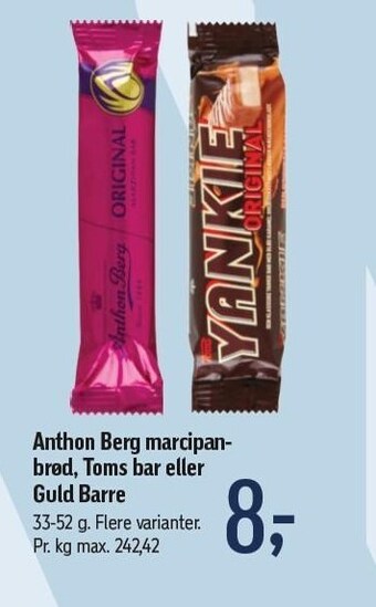 Føtex Anthon berg marcipanbrød, toms bar eller guld barre tilbud