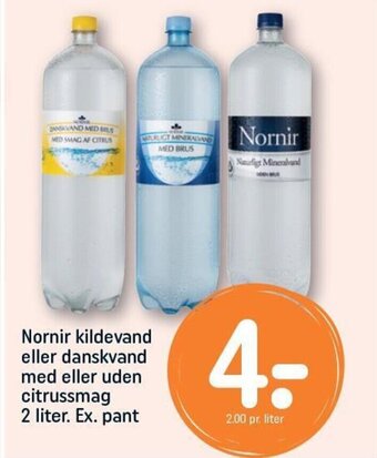 REMA 1000 Nornir kildevand eller danskvand med eller uden citrussmag 2 liter. Ex. pant tilbud