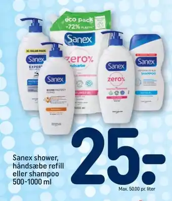 REMA 1000 Sanex shower, håndsæbe refill eller shampoo 500-1000 ml tilbud