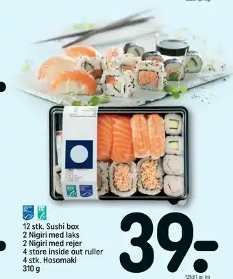 REMA 1000 12 stk. Sushi box 2 Nigiri med laks 2 Nigiri med rejer 4 store inside out ruller 4 stk. Hosomaki tilbud
