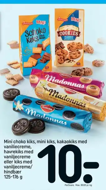 REMA 1000 Mini choko kiks, mini kiks, kakaokiks med vaniliecreme, havrekiks med vaniljecreme eller kiks med vaniljecreme/ hindbær tilbud