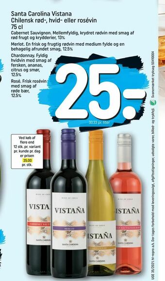 REMA 1000 Santa Carolina Vistana Chilensk rød-, hvid- eller rosévin tilbud