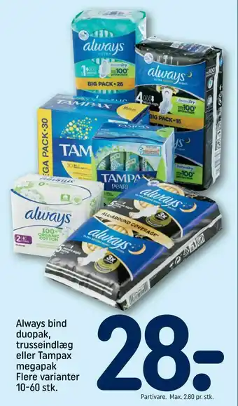 REMA 1000 Always bind duopak, trusseindlæg eller Tampax megapak tilbud