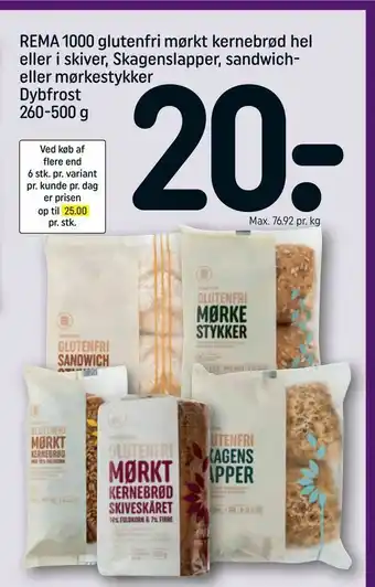 REMA 1000 REMA 1000 glutenfri mørkt kernebrød hel eller i skiver, Skagenslapper, sandwich eller mørkestykker Dybfrost tilbud