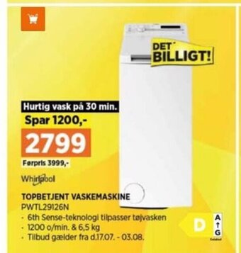 Power Whirlpool TOPBETJENT VASKEMASKINE PWTL29126N tilbud