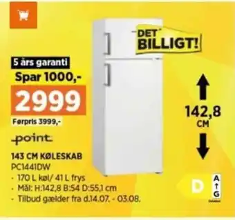 Power 143 CM KØLESKAB PC1441DW tilbud