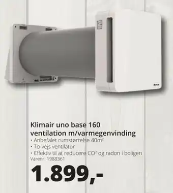 Klimair Uno Base 160 Ventilation M/Varmegenviding