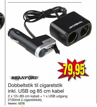 Dobbeltstik til cigaretstik inkl. USB og 85 cm kabel
