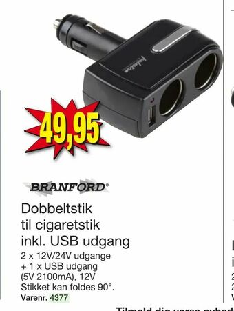 Dobbeltstik til cigaretstik inkl. USB udgang